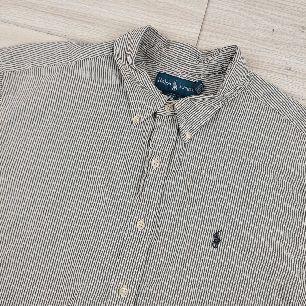 Vintage Ralph Lauren Classic Fit Shirt Mens XXL‎ Seersucker Pinstripe Gray Dad